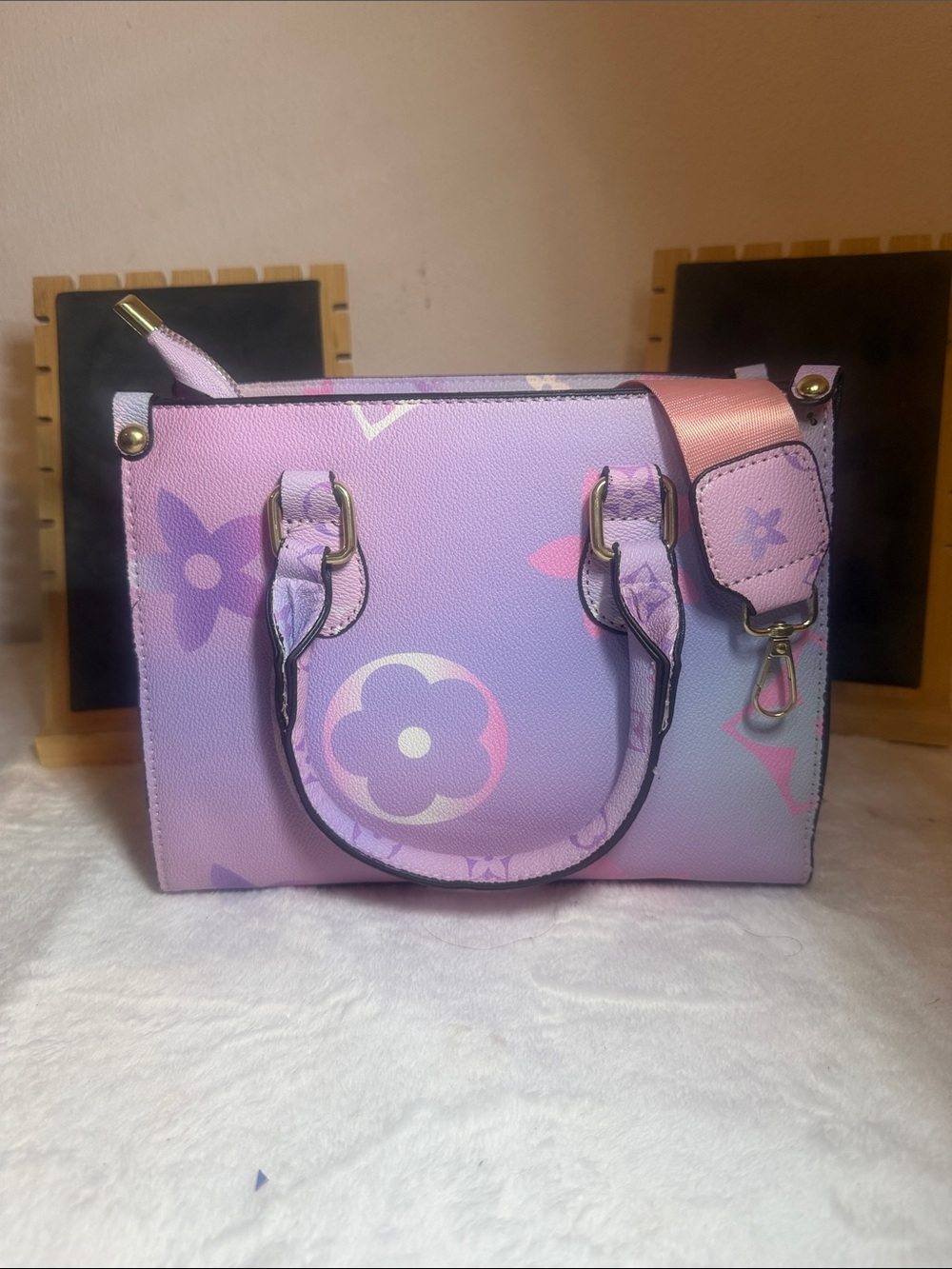 Lavender Floral-Print Satchel with Detachable Strap